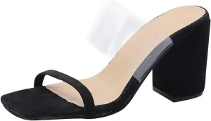 oiangi Womens Clear Straps Chunky Sandals Summer Casual Square Toe Double Strap Open Toe Slip-on Thick Heel High Heels Slipper Comfy Trendy Ladies Shoes