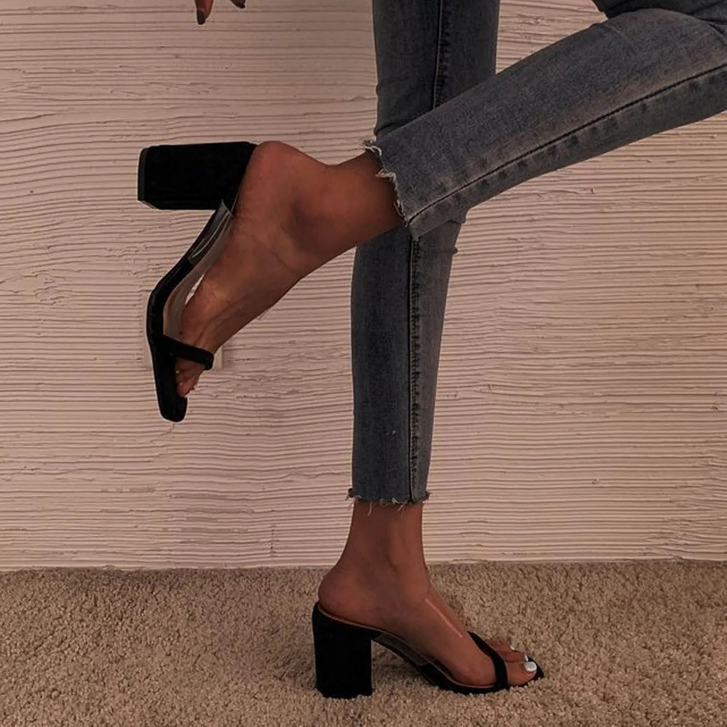 oiangi Womens Clear Straps Chunky Sandals Summer Casual Square Toe Double Strap Open Toe Slip-on Thick Heel High Heels Slipper Comfy Trendy Ladies Shoes