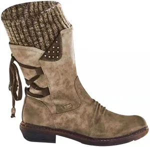 oiangi Womens Mid-calf Snow Boots Fashion Back Strap Woolen Yarn Elastic Round Toe Square Heel Slip-On Boots Winter Outdoor Warm Casual Shoes