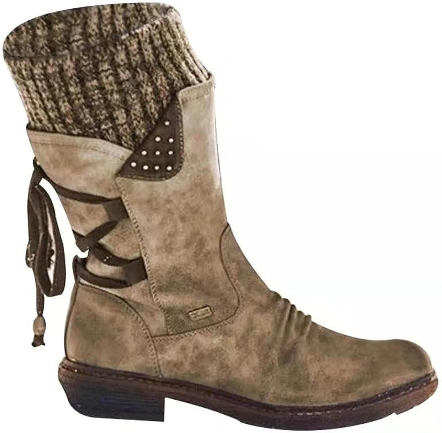 oiangi Womens Mid-calf Snow Boots Fashion Back Strap Woolen Yarn Elastic Round Toe Square Heel Slip-On Boots Winter Outdoor Warm Casual Shoes