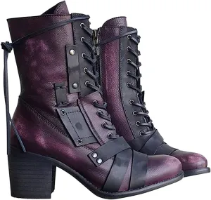 oiangi Women's Shoes Fashion Casual Laceing Mid Thick Heel Rivets Zipper Comfortable Trendy Shoes Mid Leather Boots
