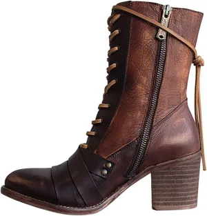 oiangi Women's Shoes Fashion Casual Laceing Mid Thick Heel Rivets Zipper Comfortable Trendy Shoes Mid Leather Boots
