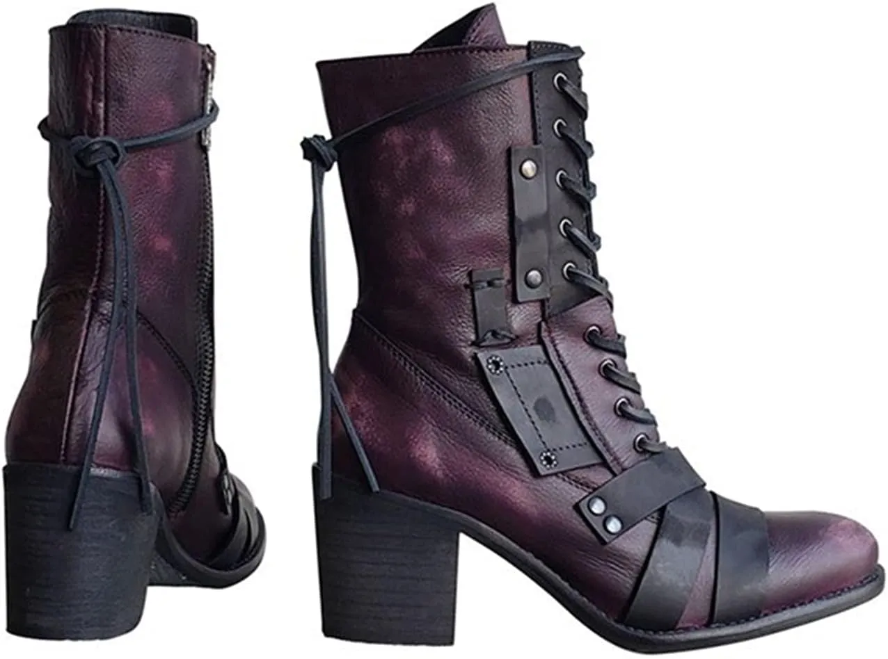 oiangi Women's Shoes Fashion Casual Laceing Mid Thick Heel Rivets Zipper Comfortable Trendy Shoes Mid Leather Boots