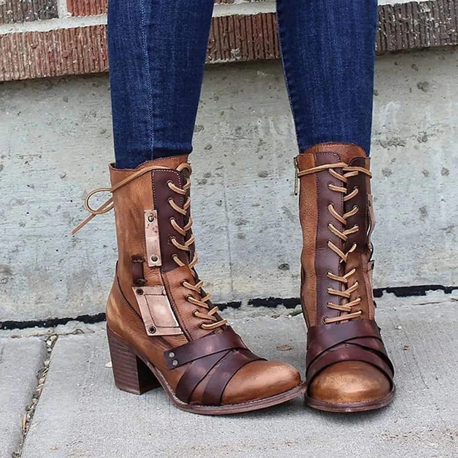 oiangi Women's Shoes Fashion Casual Laceing Mid Thick Heel Rivets Zipper Comfortable Trendy Shoes Mid Leather Boots