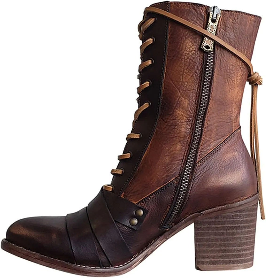 oiangi Women's Shoes Fashion Casual Laceing Mid Thick Heel Rivets Zipper Comfortable Trendy Shoes Mid Leather Boots