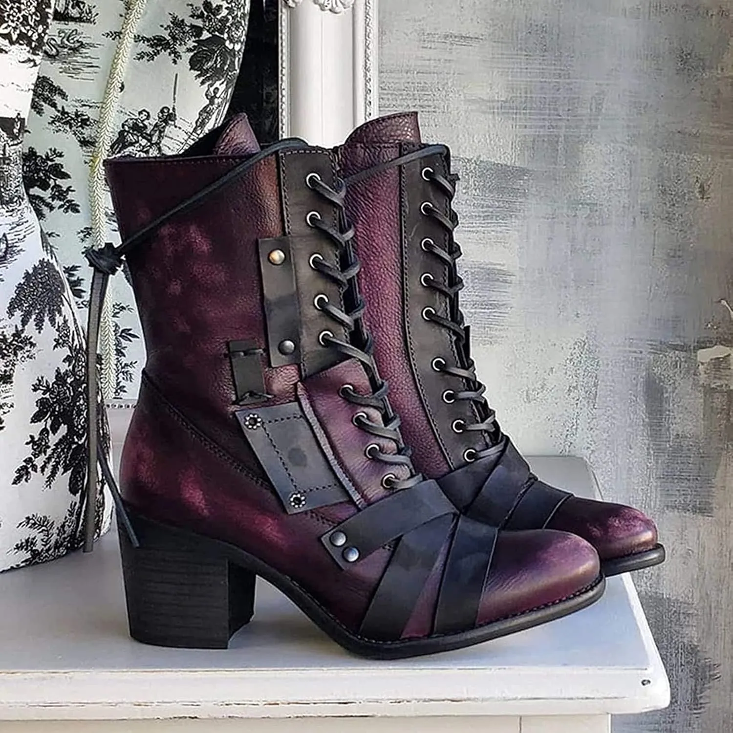 oiangi Women's Shoes Fashion Casual Laceing Mid Thick Heel Rivets Zipper Comfortable Trendy Shoes Mid Leather Boots