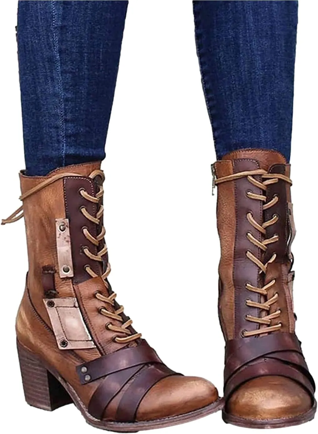 oiangi Women's Shoes Fashion Casual Laceing Mid Thick Heel Rivets Zipper Comfortable Trendy Shoes Mid Leather Boots
