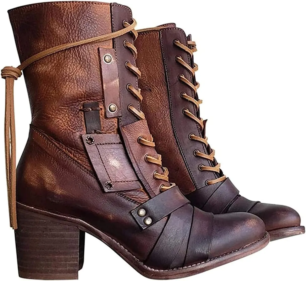 oiangi Women's Shoes Fashion Casual Laceing Mid Thick Heel Rivets Zipper Comfortable Trendy Shoes Mid Leather Boots