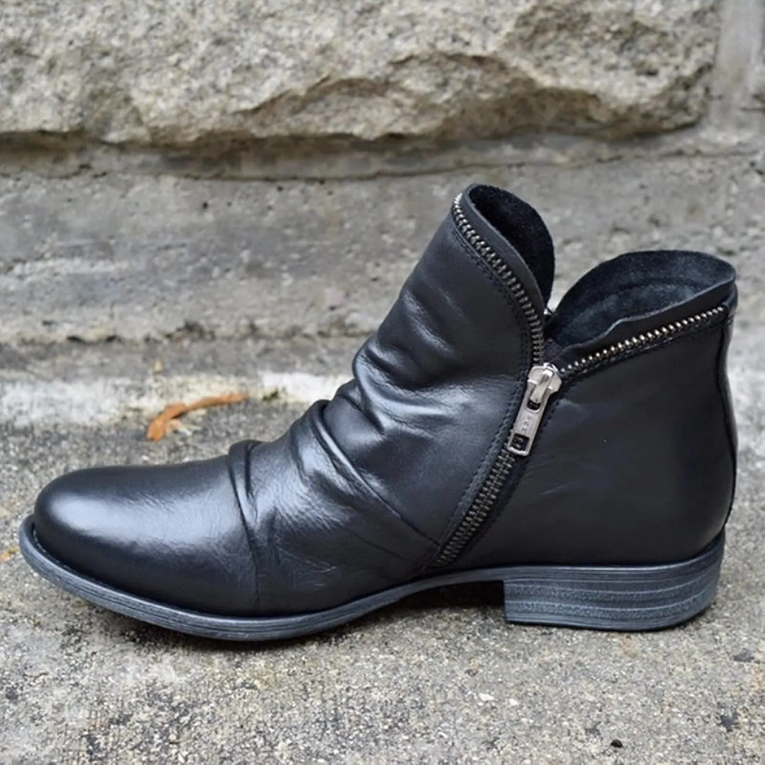 oiangi Women's Shoes Retro Solid Color Low Heel Zipper Fashion Short Leather Boots Autumn Comfortable Casual Shoes