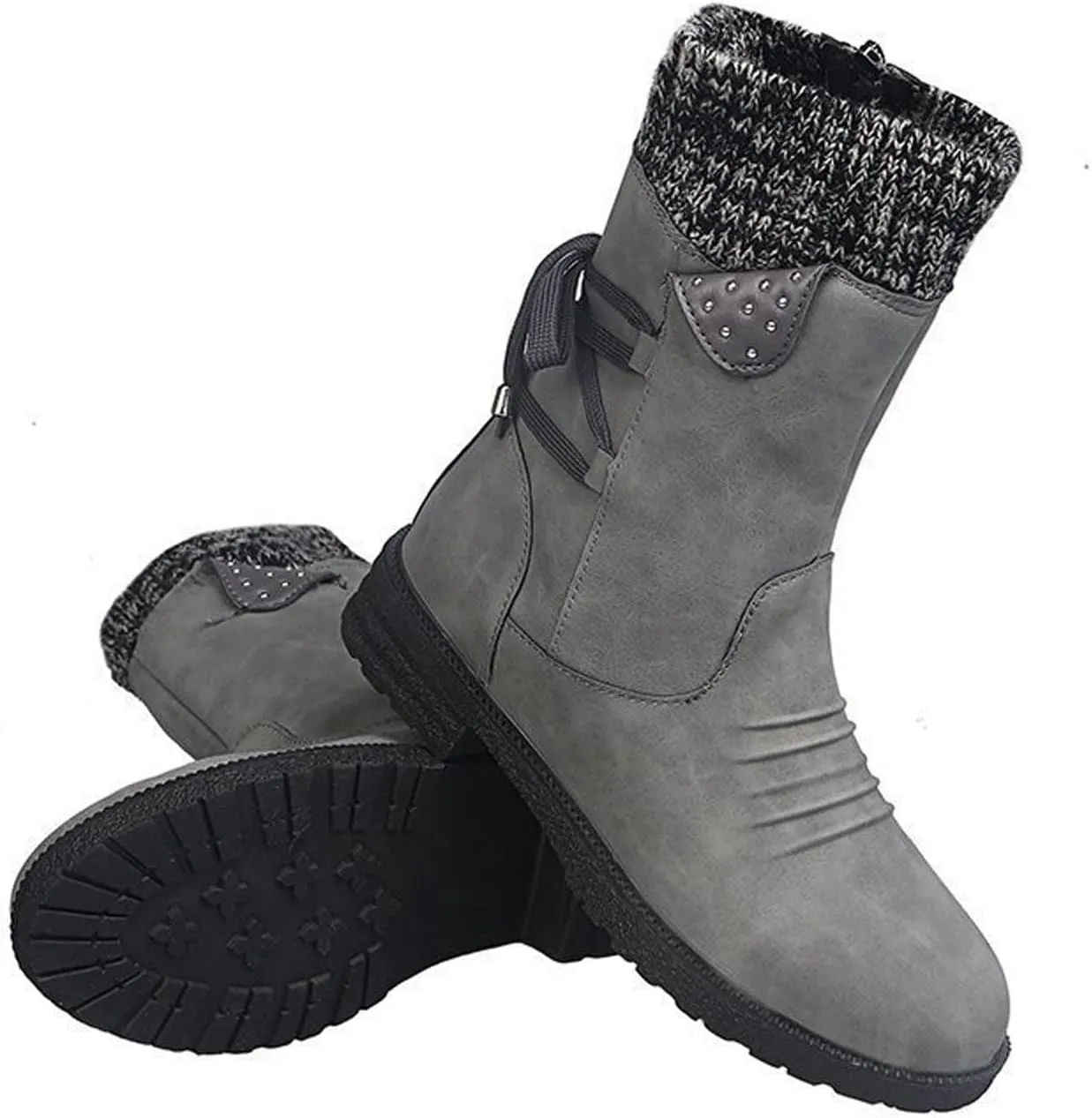 oiangi Womens Winter Boots 2022 Fashion Round Toe Lace Up Side Zipper Wool Patchwork Warm Block Low Heel Mid Calf Boots Solid Casual Western Boots Shoes