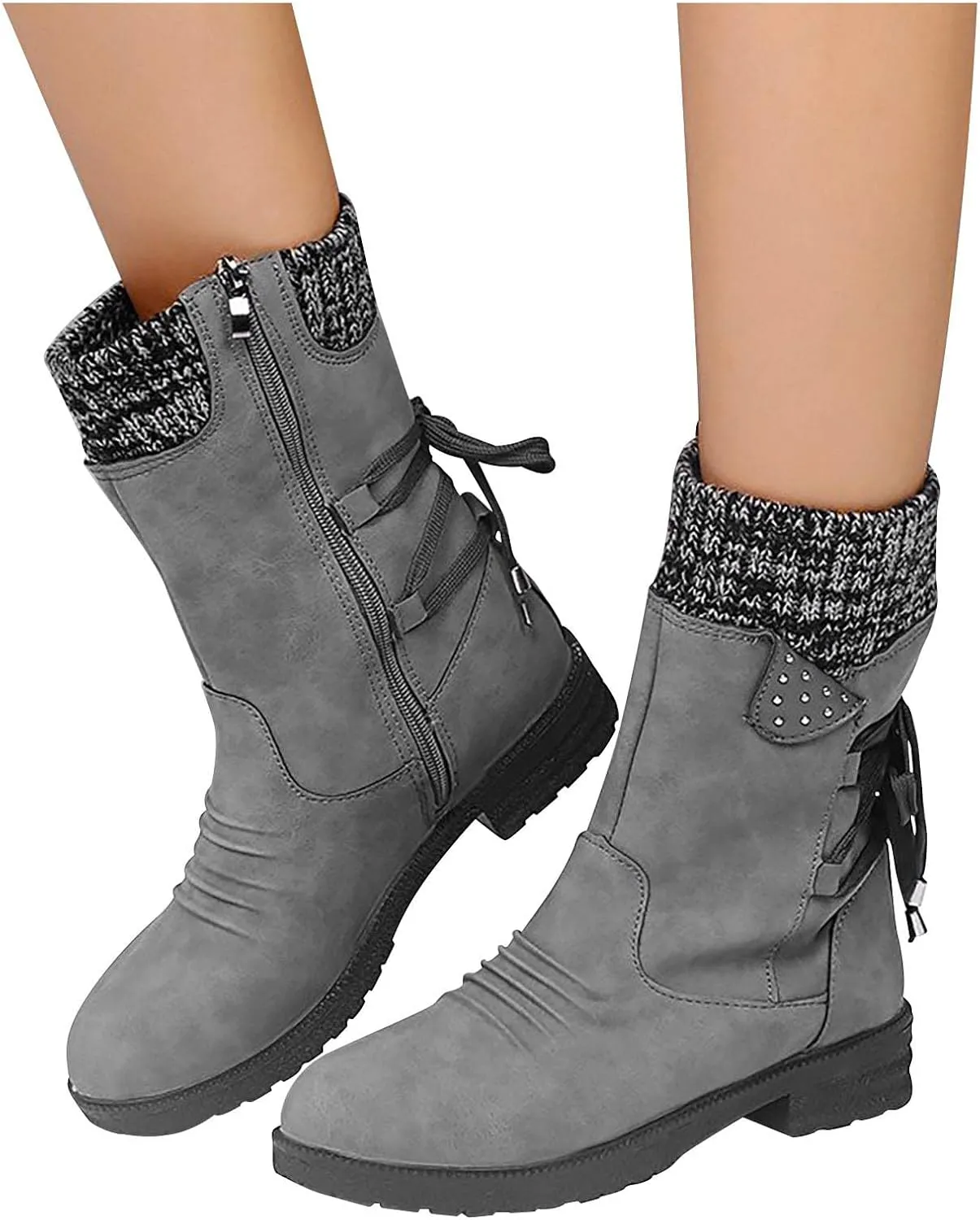 oiangi Womens Winter Boots 2022 Fashion Round Toe Lace Up Side Zipper Wool Patchwork Warm Block Low Heel Mid Calf Boots Solid Casual Western Boots Shoes