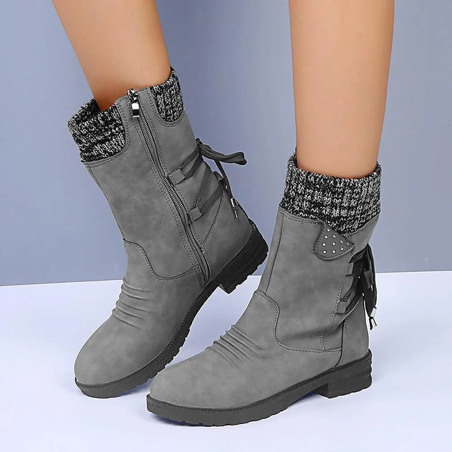 oiangi Womens Winter Boots 2022 Fashion Round Toe Lace Up Side Zipper Wool Patchwork Warm Block Low Heel Mid Calf Boots Solid Casual Western Boots Shoes