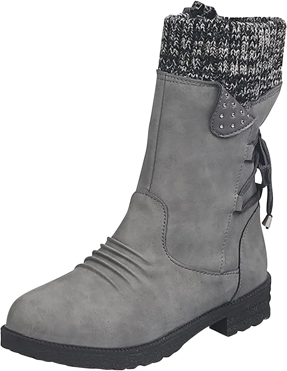 oiangi Womens Winter Boots 2022 Fashion Round Toe Lace Up Side Zipper Wool Patchwork Warm Block Low Heel Mid Calf Boots Solid Casual Western Boots Shoes