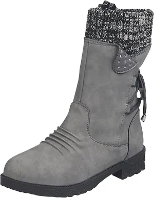 oiangi Womens Winter Boots 2022 Fashion Round Toe Lace Up Side Zipper Wool Patchwork Warm Block Low Heel Mid Calf Boots Solid Casual Western Boots Shoes