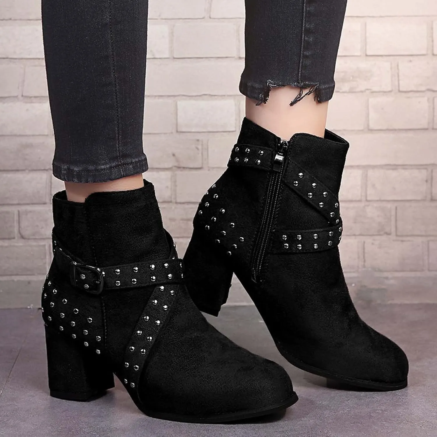 oiangi Womens Winter Boots Chunky Heel 2022 Fashion Round Toe Suede Studded Cross Belt Buckle Side Zipper Block High Heel Boots Solid Casual Ladies Shoes