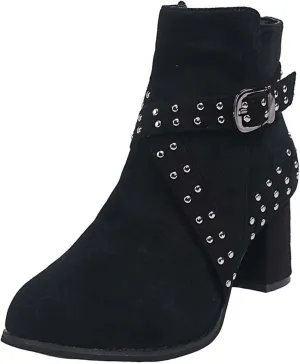 oiangi Womens Winter Boots Chunky Heel 2022 Fashion Round Toe Suede Studded Cross Belt Buckle Side Zipper Block High Heel Boots Solid Casual Ladies Shoes