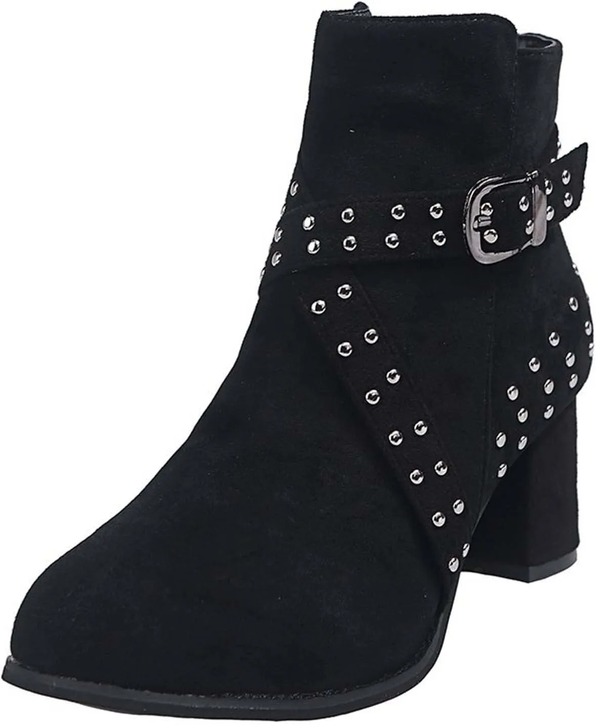 oiangi Womens Winter Boots Chunky Heel 2022 Fashion Round Toe Suede Studded Cross Belt Buckle Side Zipper Block High Heel Boots Solid Casual Ladies Shoes