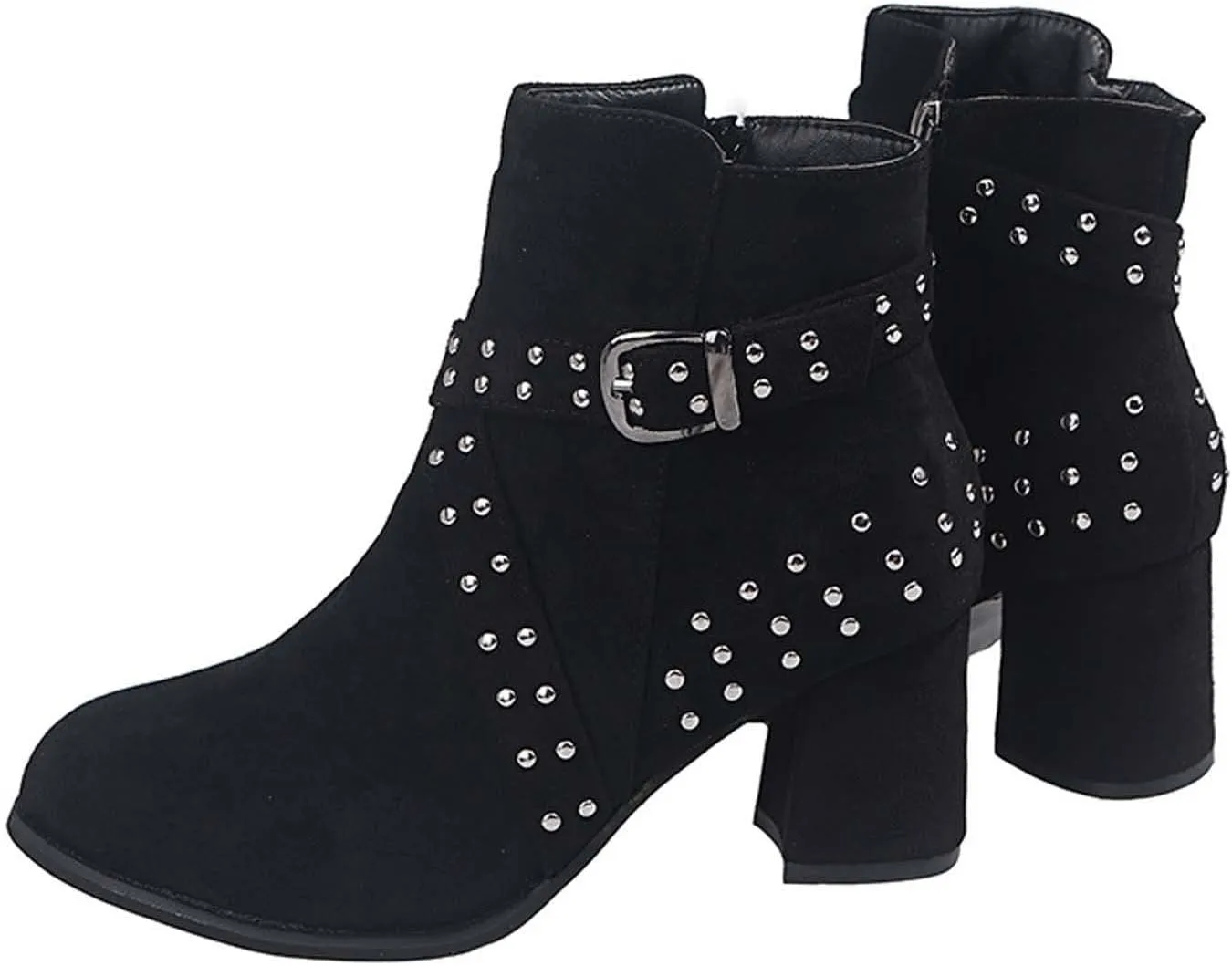 oiangi Womens Winter Boots Chunky Heel 2022 Fashion Round Toe Suede Studded Cross Belt Buckle Side Zipper Block High Heel Boots Solid Casual Ladies Shoes