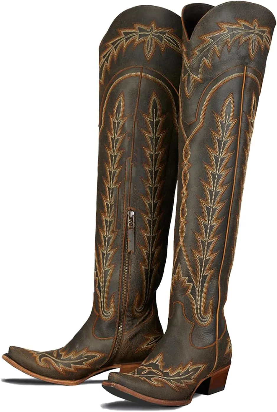 olomisa Over The Knee Cowboy Boots for Women Classic Embroidery Low Chunky Heel Side Zipper Thigh High Cowgirl Boots