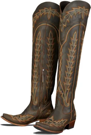olomisa Over The Knee Cowboy Boots for Women Classic Embroidery Low Chunky Heel Side Zipper Thigh High Cowgirl Boots