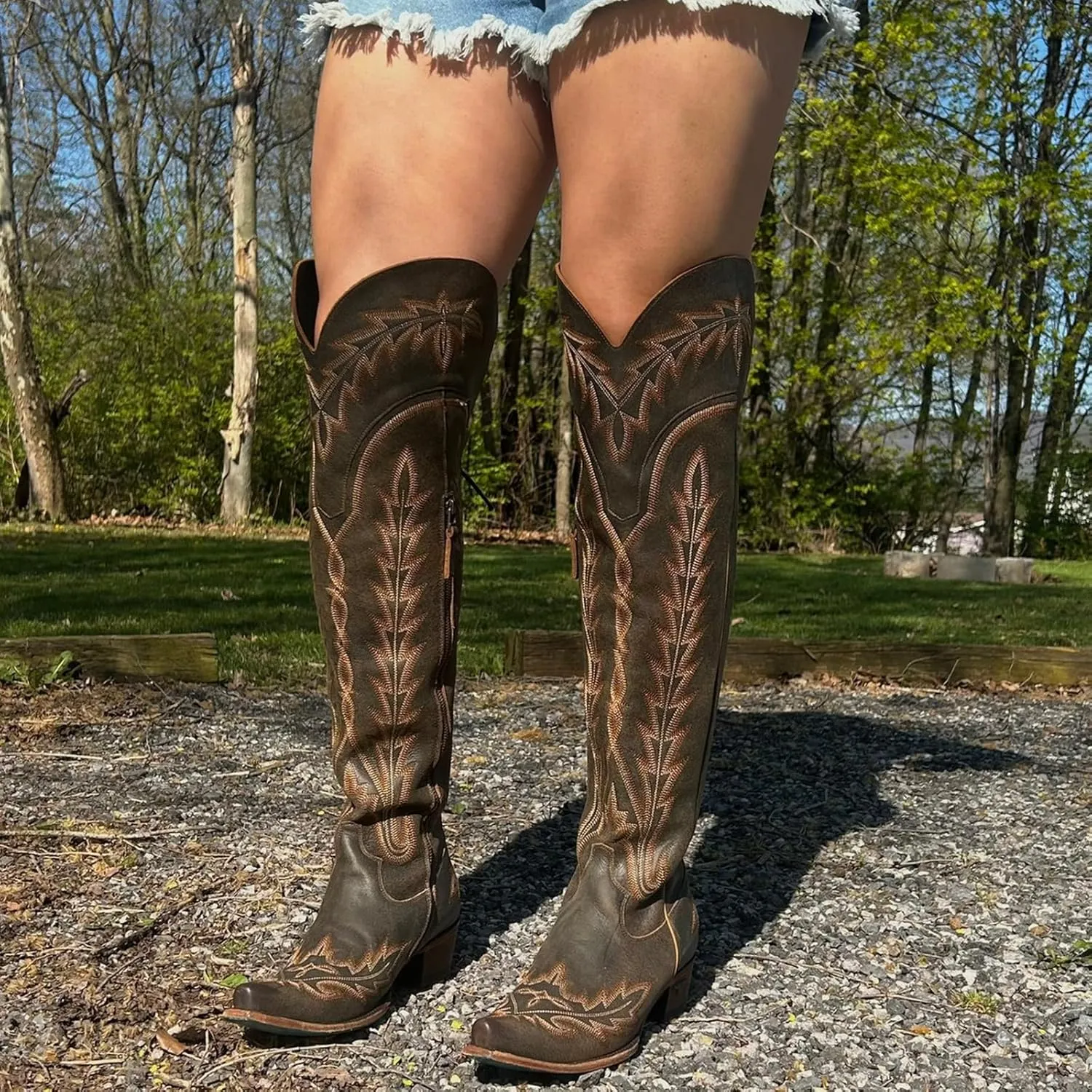 olomisa Over The Knee Cowboy Boots for Women Classic Embroidery Low Chunky Heel Side Zipper Thigh High Cowgirl Boots