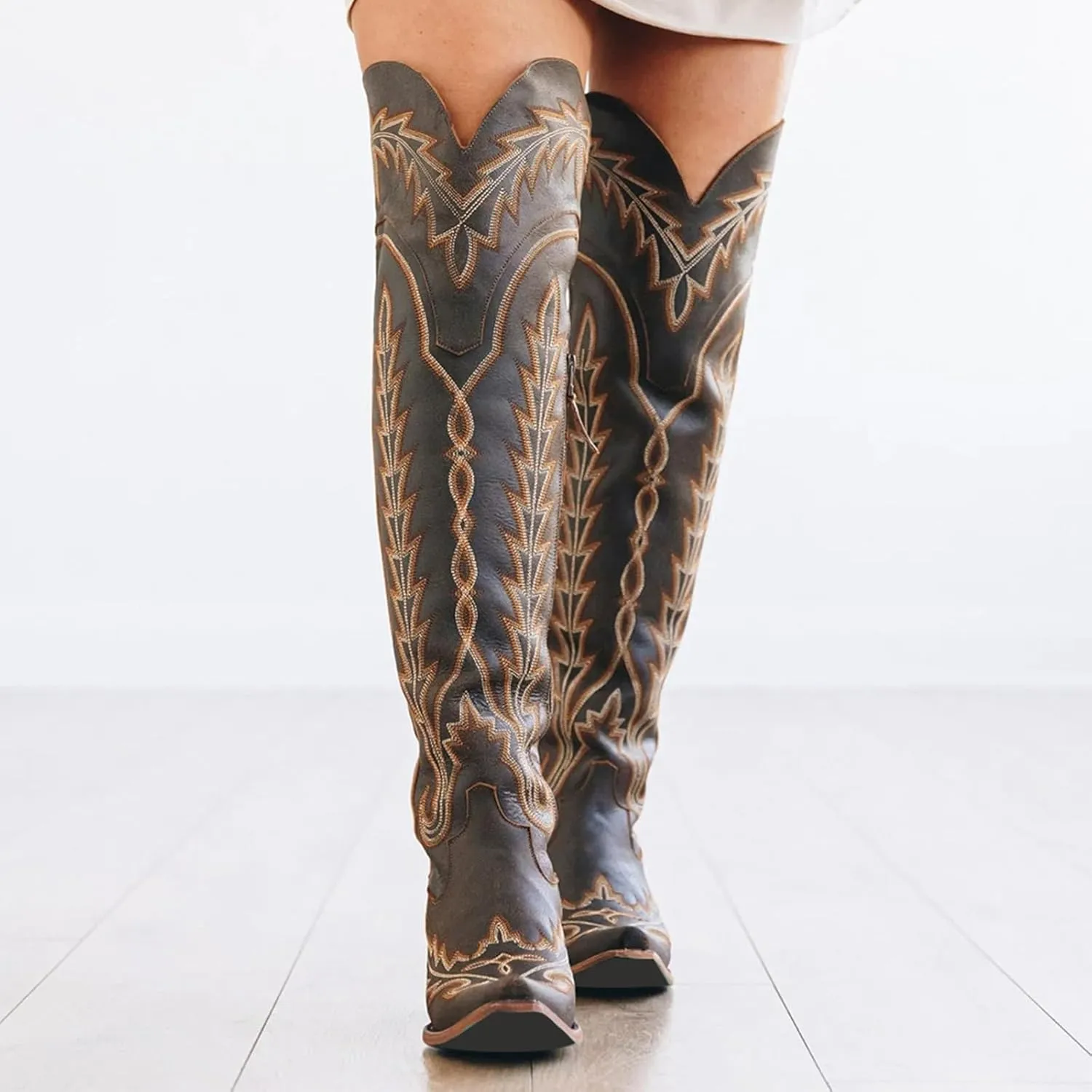 olomisa Over The Knee Cowboy Boots for Women Classic Embroidery Low Chunky Heel Side Zipper Thigh High Cowgirl Boots