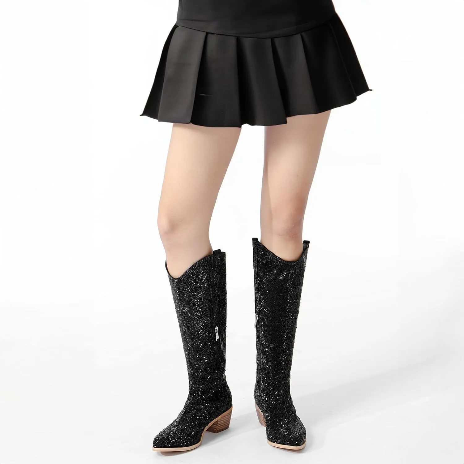 olomisa Rhinestone Boots for Women, Knee High Cowboy Boots Pointed Toe Chunky Heel Sparkly Cowgirl Boots Bling Shoes