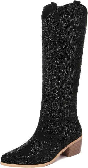 olomisa Rhinestone Boots for Women, Knee High Cowboy Boots Pointed Toe Chunky Heel Sparkly Cowgirl Boots Bling Shoes