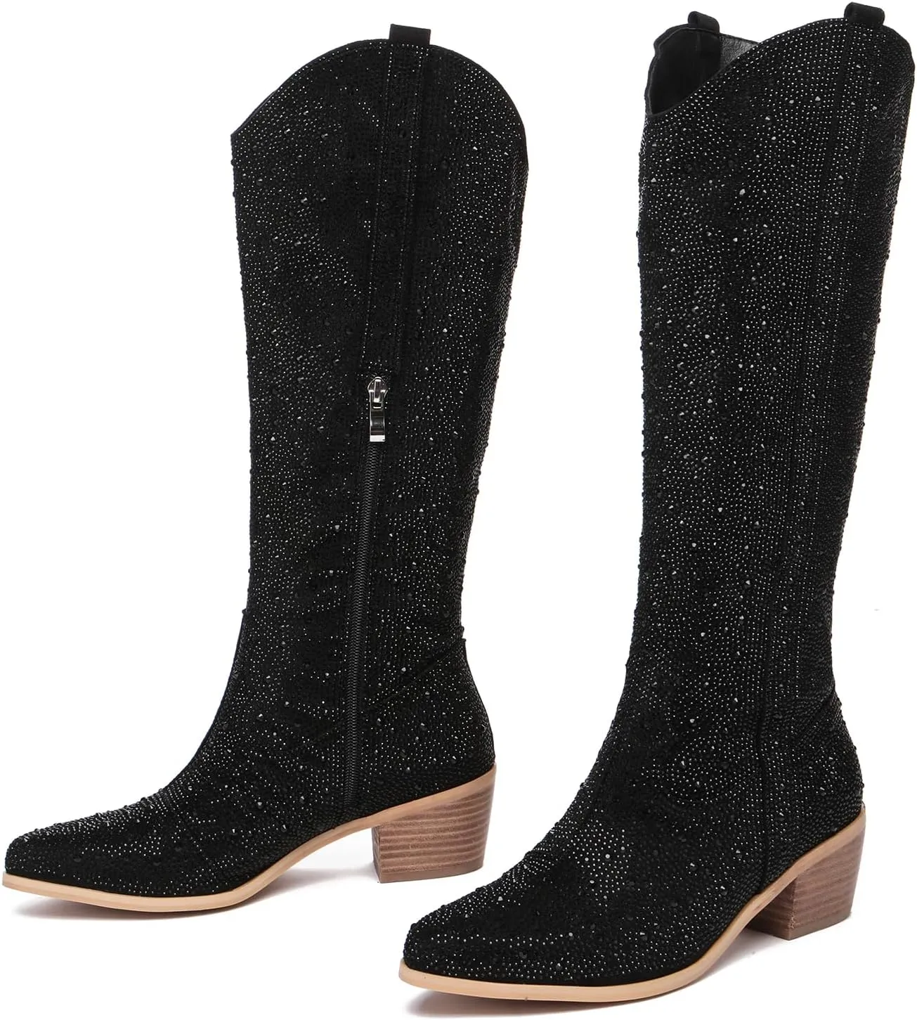 olomisa Rhinestone Boots for Women, Knee High Cowboy Boots Pointed Toe Chunky Heel Sparkly Cowgirl Boots Bling Shoes