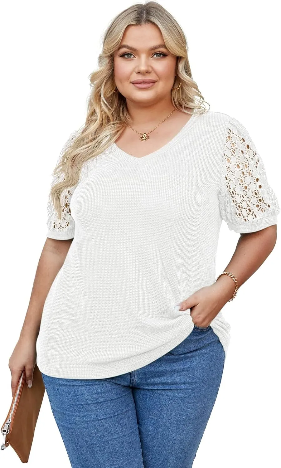 OLRIK Plus Size Tops for Women Summer Blouse Waffle Knit Short Lace Sleeve Shirts