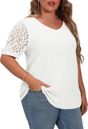 OLRIK Plus Size Tops for Women Summer Blouse Waffle Knit Short Lace Sleeve Shirts
