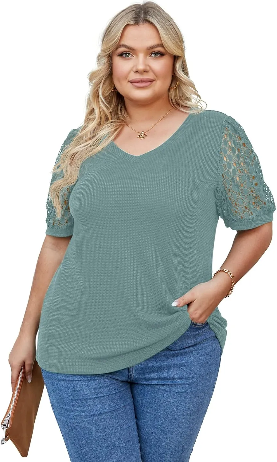 OLRIK Plus Size Tops for Women Summer Blouse Waffle Knit Short Lace Sleeve Shirts