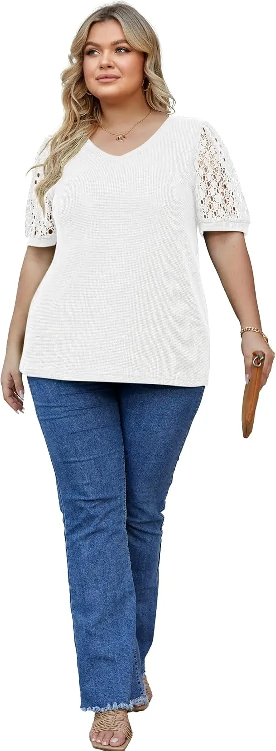 OLRIK Plus Size Tops for Women Summer Blouse Waffle Knit Short Lace Sleeve Shirts