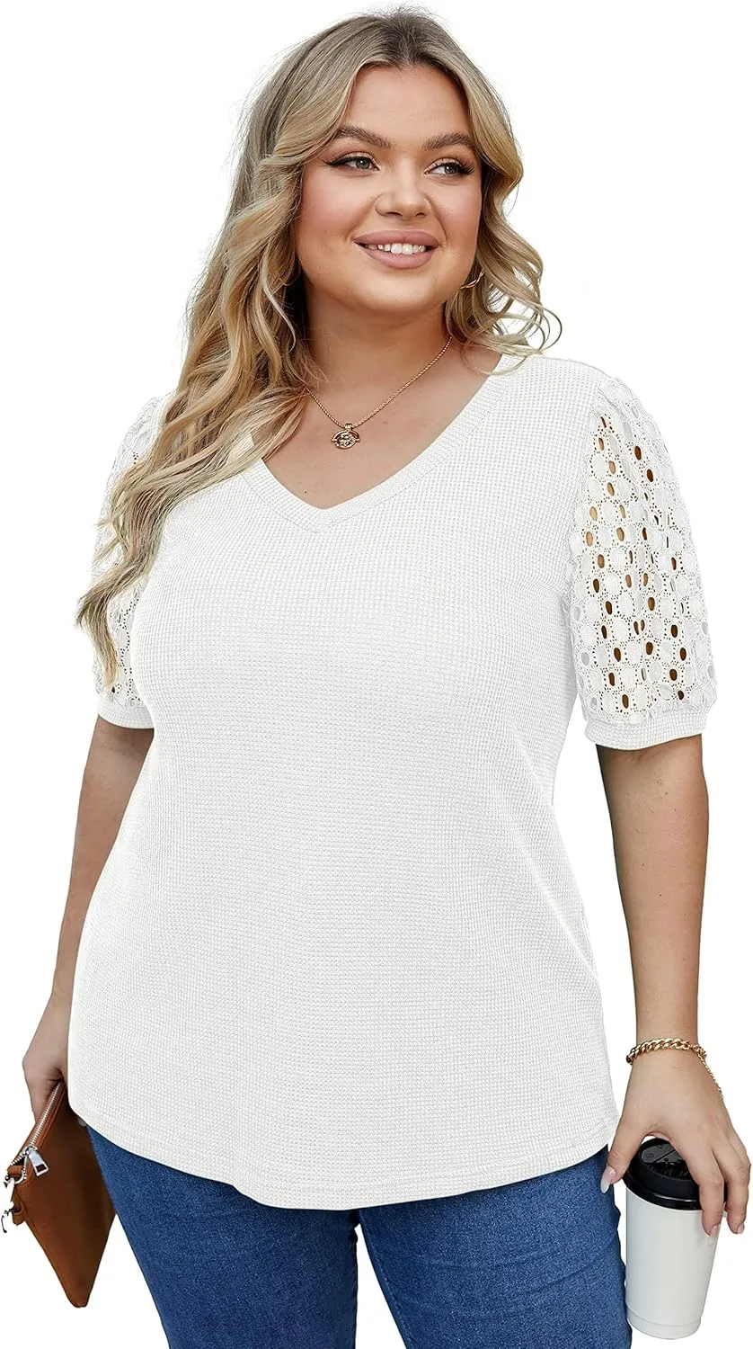 OLRIK Plus Size Tops for Women Summer Blouse Waffle Knit Short Lace Sleeve Shirts