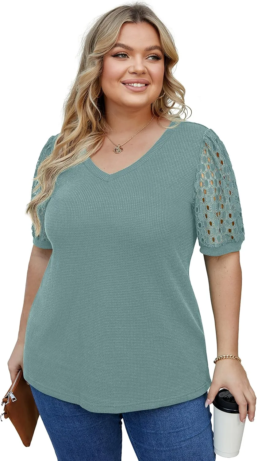 OLRIK Plus Size Tops for Women Summer Blouse Waffle Knit Short Lace Sleeve Shirts