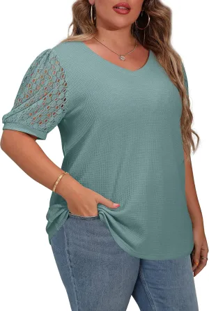 OLRIK Plus Size Tops for Women Summer Blouse Waffle Knit Short Lace Sleeve Shirts