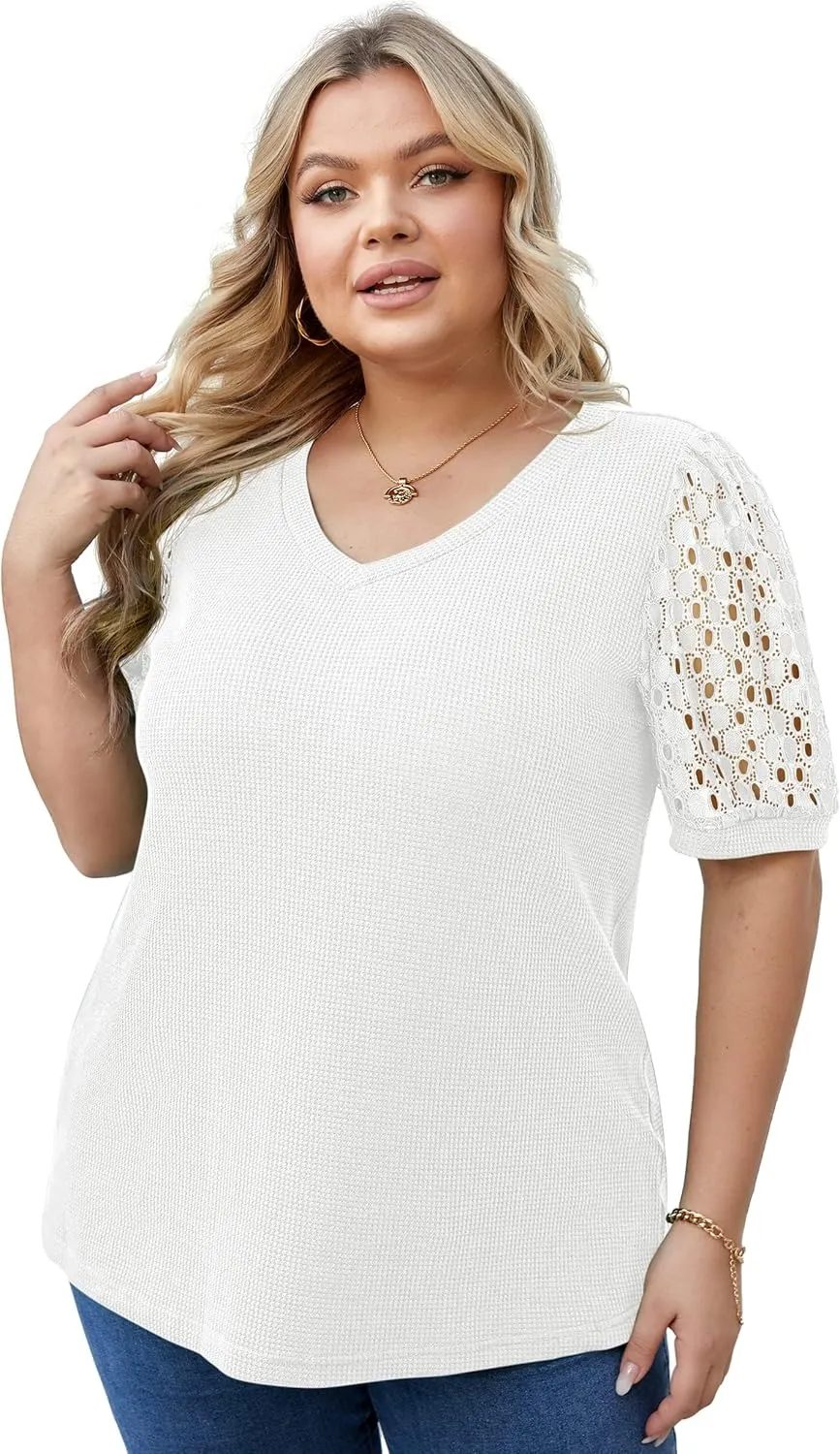 OLRIK Plus Size Tops for Women Summer Blouse Waffle Knit Short Lace Sleeve Shirts