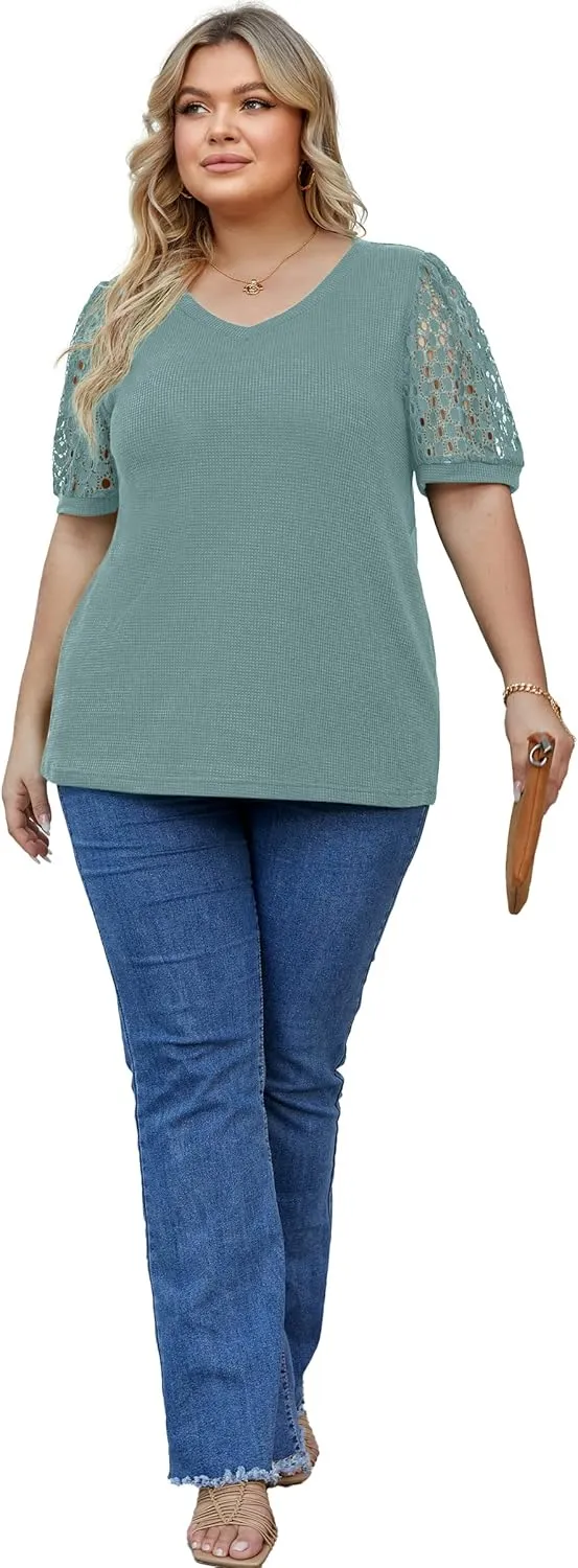 OLRIK Plus Size Tops for Women Summer Blouse Waffle Knit Short Lace Sleeve Shirts