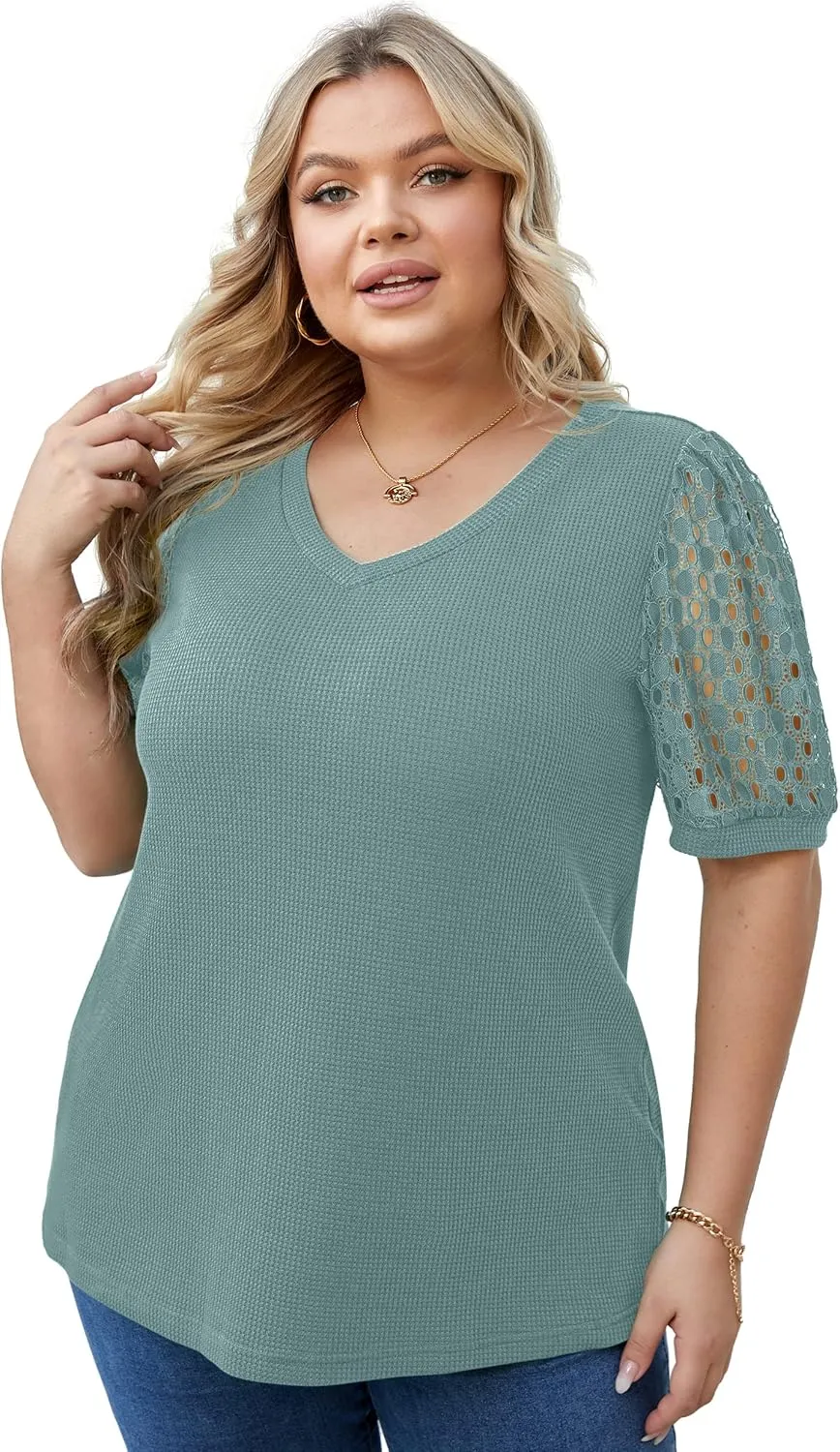 OLRIK Plus Size Tops for Women Summer Blouse Waffle Knit Short Lace Sleeve Shirts