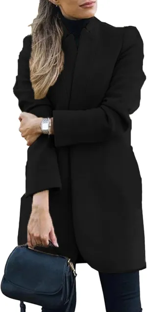 Omoone Women's Basic Stand Collar Slim Fit Jacket Pea Coat Notched Lapel Trench Coat