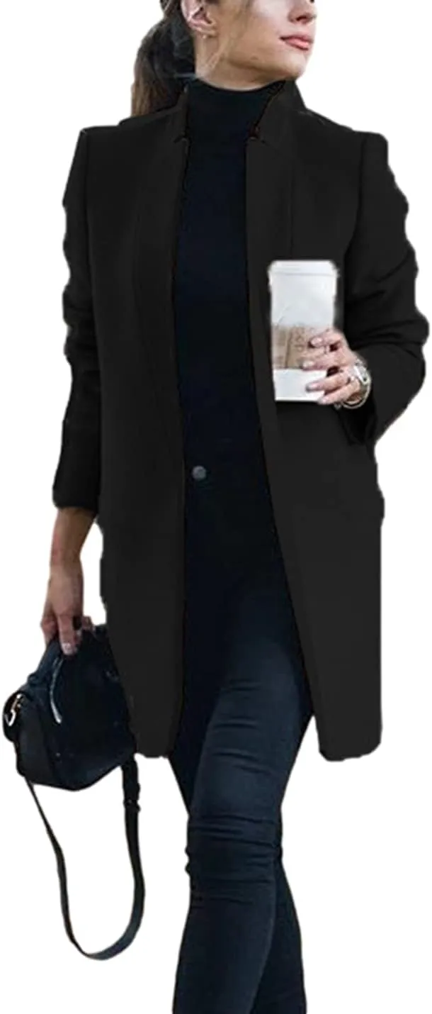 Omoone Women's Basic Stand Collar Slim Fit Jacket Pea Coat Notched Lapel Trench Coat