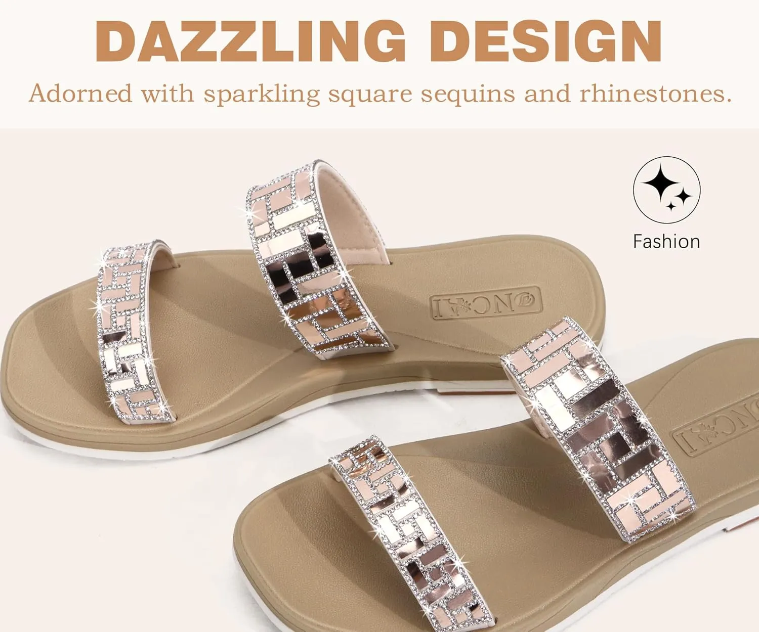 ONCAI Rhinestones Slide Sandals for Women with Glittery Trendy Square Open Toe Summer Flat Sparkly Dressy Sandals with Slip-on Rubber Soles