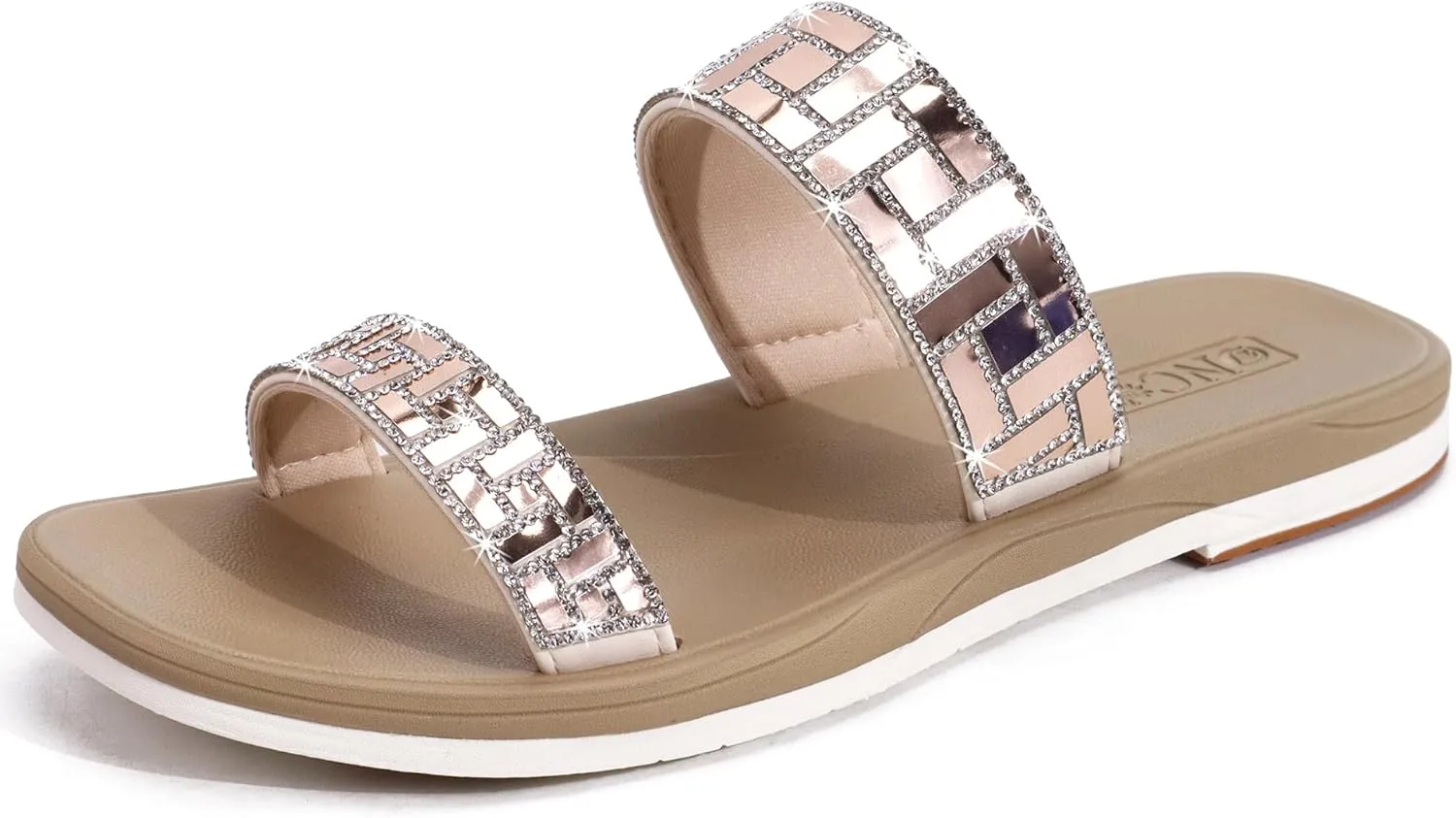 ONCAI Rhinestones Slide Sandals for Women with Glittery Trendy Square Open Toe Summer Flat Sparkly Dressy Sandals with Slip-on Rubber Soles