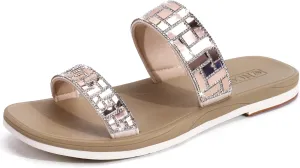 ONCAI Rhinestones Slide Sandals for Women with Glittery Trendy Square Open Toe Summer Flat Sparkly Dressy Sandals with Slip-on Rubber Soles