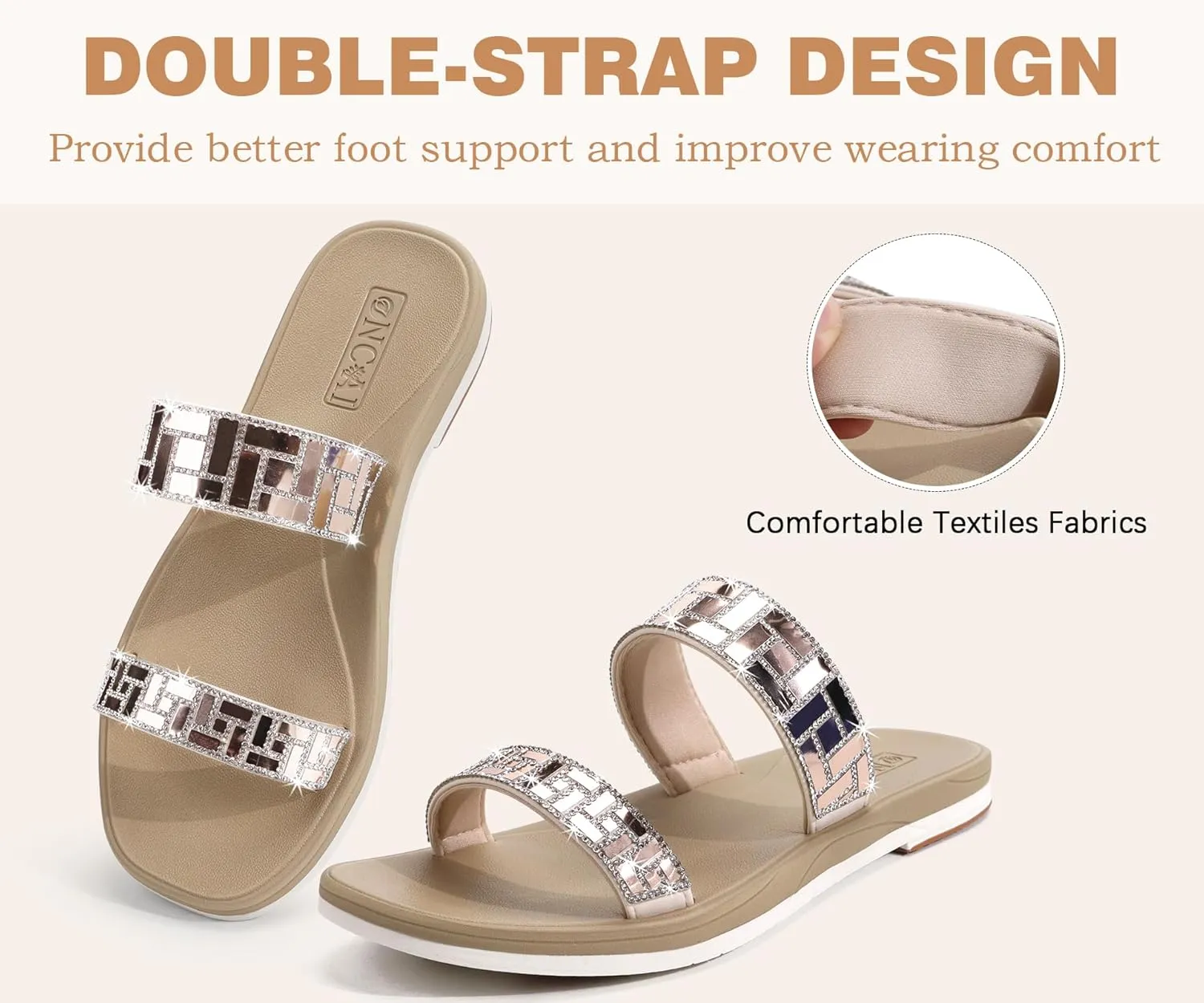 ONCAI Rhinestones Slide Sandals for Women with Glittery Trendy Square Open Toe Summer Flat Sparkly Dressy Sandals with Slip-on Rubber Soles