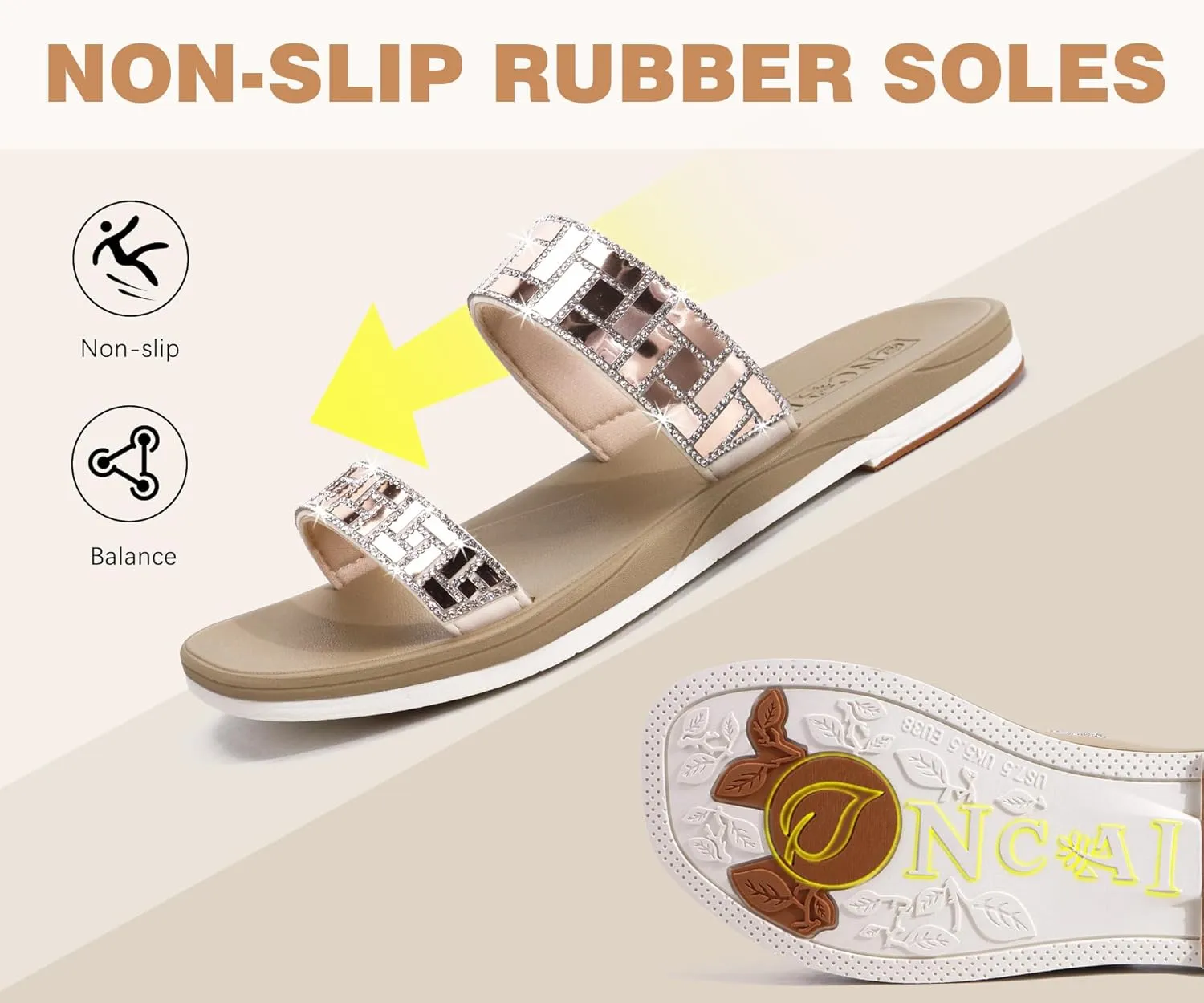 ONCAI Rhinestones Slide Sandals for Women with Glittery Trendy Square Open Toe Summer Flat Sparkly Dressy Sandals with Slip-on Rubber Soles