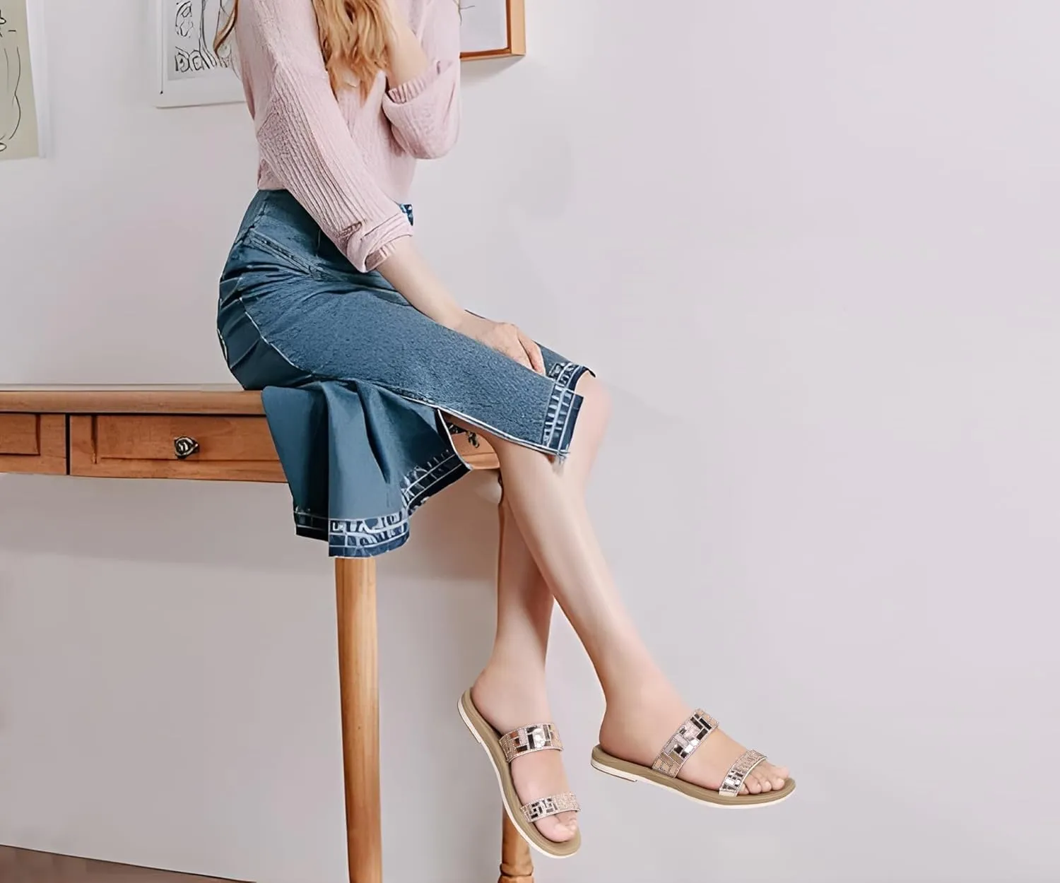 ONCAI Rhinestones Slide Sandals for Women with Glittery Trendy Square Open Toe Summer Flat Sparkly Dressy Sandals with Slip-on Rubber Soles