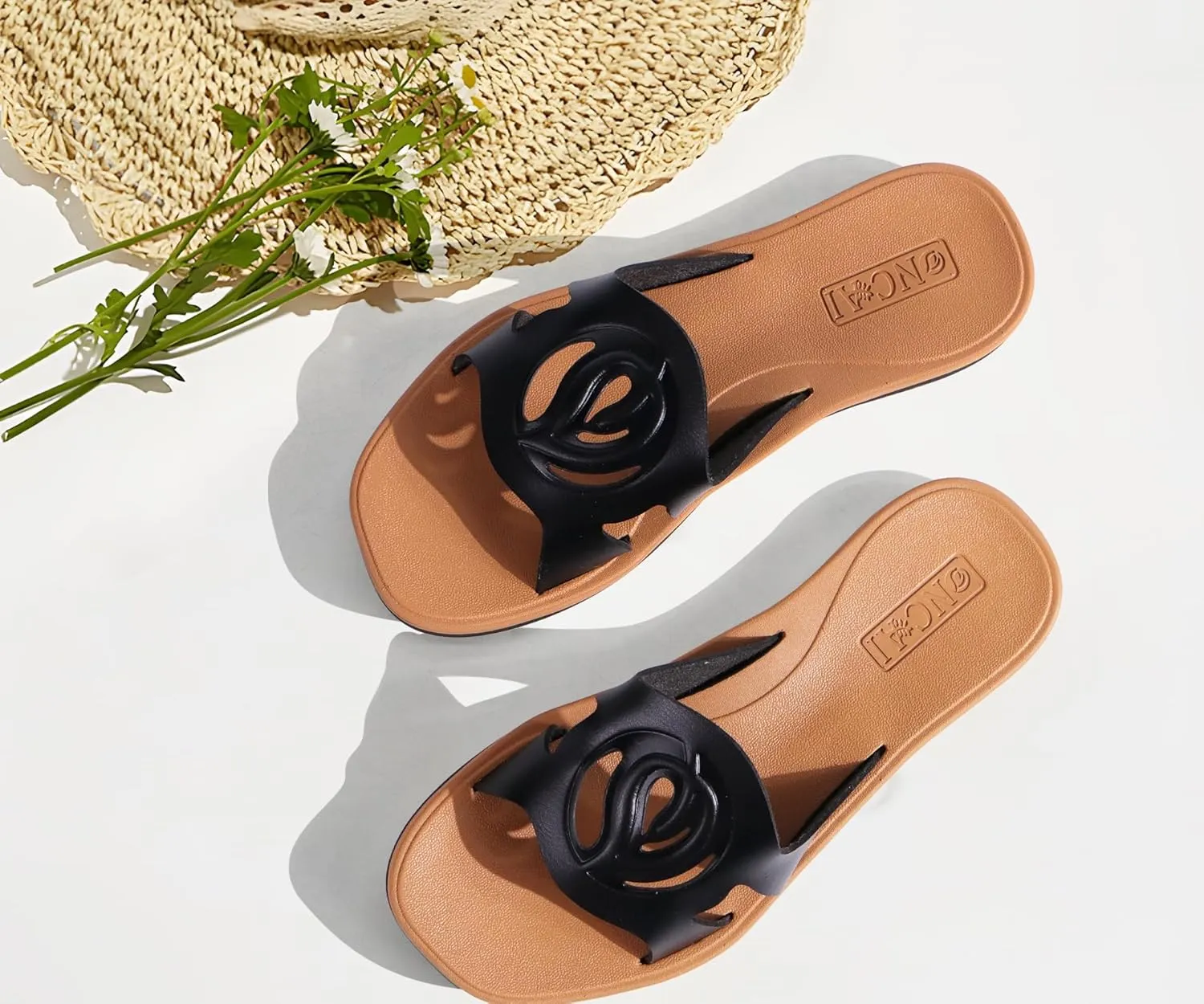 ONCAI Women's Flat Sandals Fashion Square Open Toe Slide Dressy Sandals for Woman Soft Cushion Vegan Comfortable Summer Slip On Casual Walking Outdoor Rubber Sole（US Size 6-11）