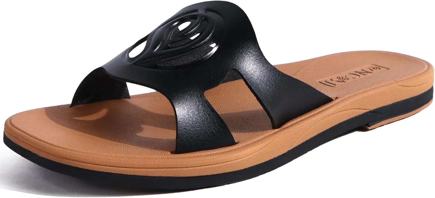 ONCAI Women's Flat Sandals Fashion Square Open Toe Slide Dressy Sandals for Woman Soft Cushion Vegan Comfortable Summer Slip On Casual Walking Outdoor Rubber Sole（US Size 6-11）