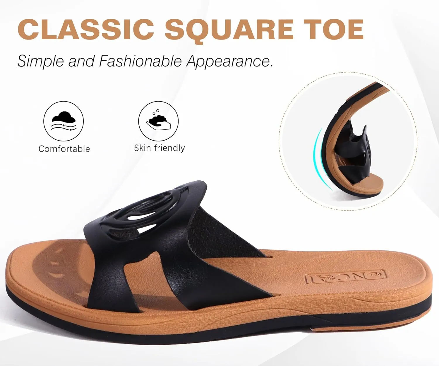 ONCAI Women's Flat Sandals Fashion Square Open Toe Slide Dressy Sandals for Woman Soft Cushion Vegan Comfortable Summer Slip On Casual Walking Outdoor Rubber Sole（US Size 6-11）